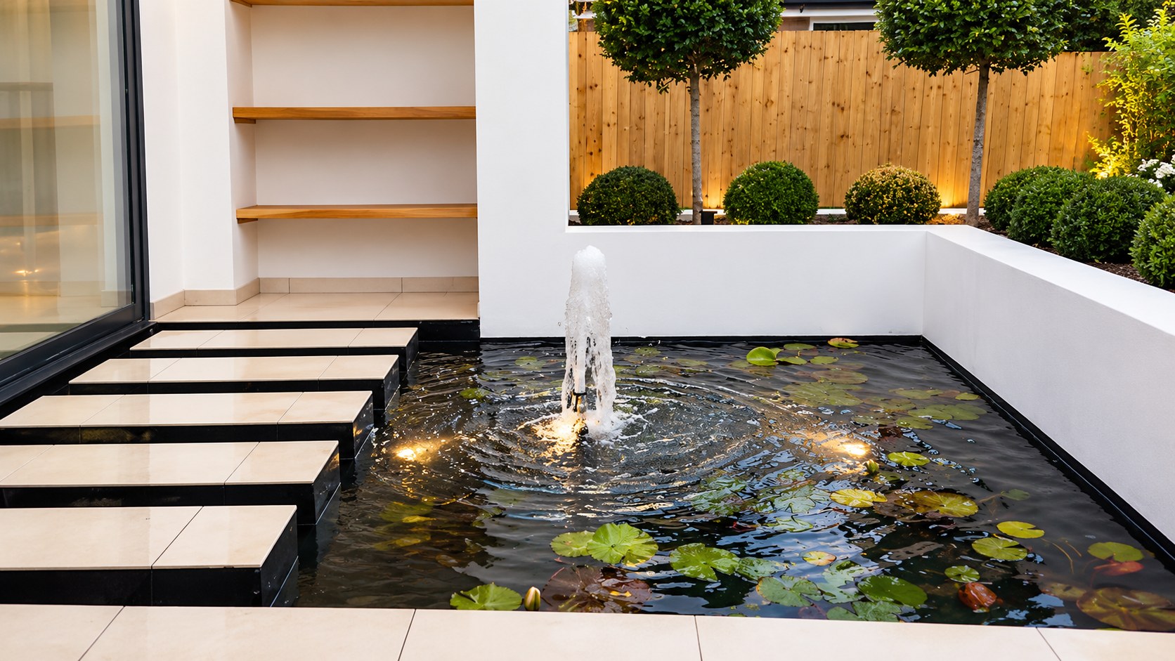 Garden pond with fountain and stepping stones built by One Stop Build & Landscaping